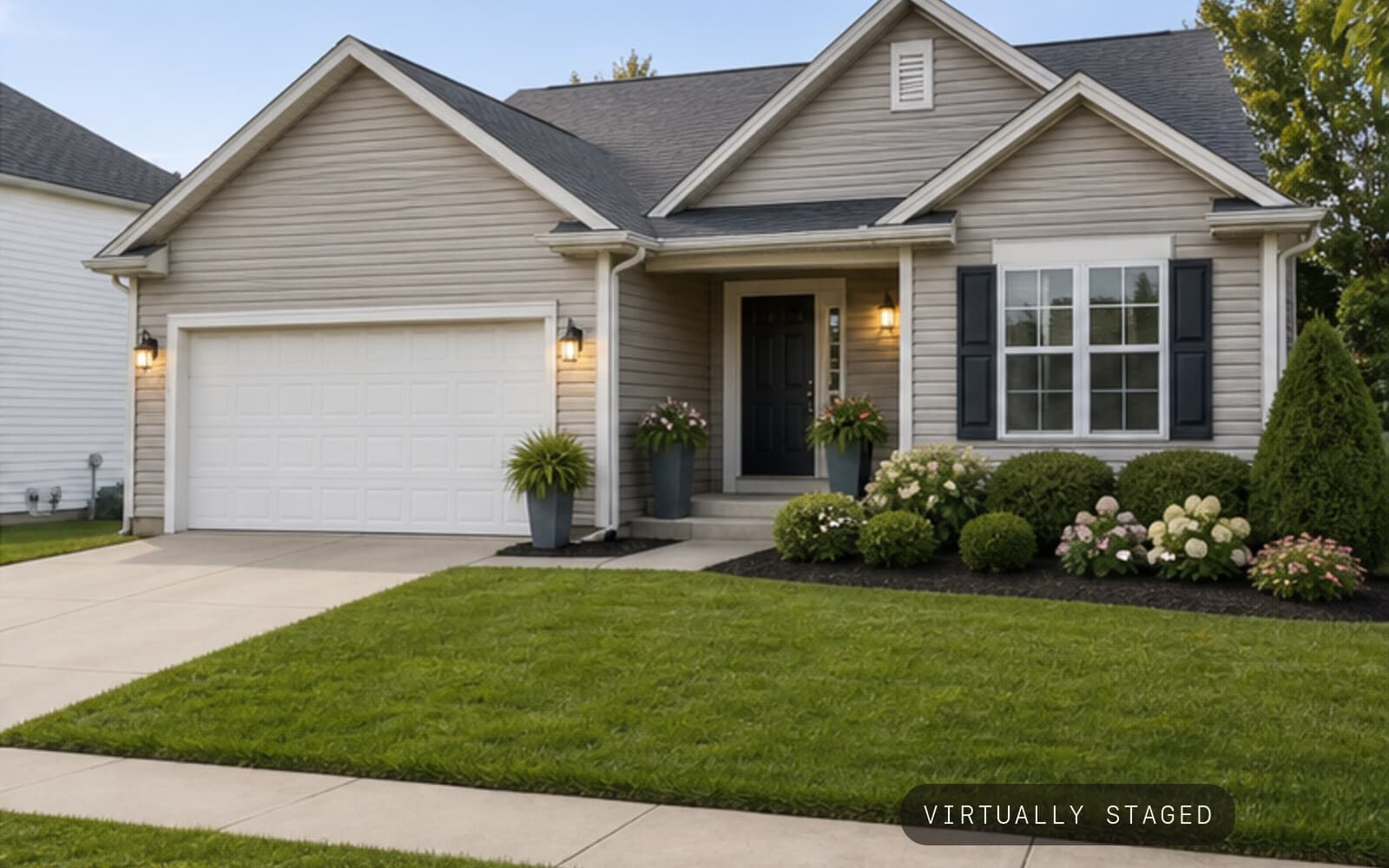 Front Yard plain front yard -> curb appeal sample transformation — staged
