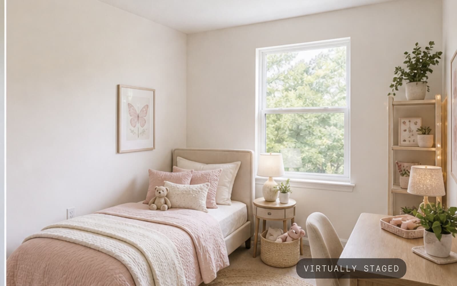 Kids Room empty girl room -> sweet staged suite sample transformation — staged