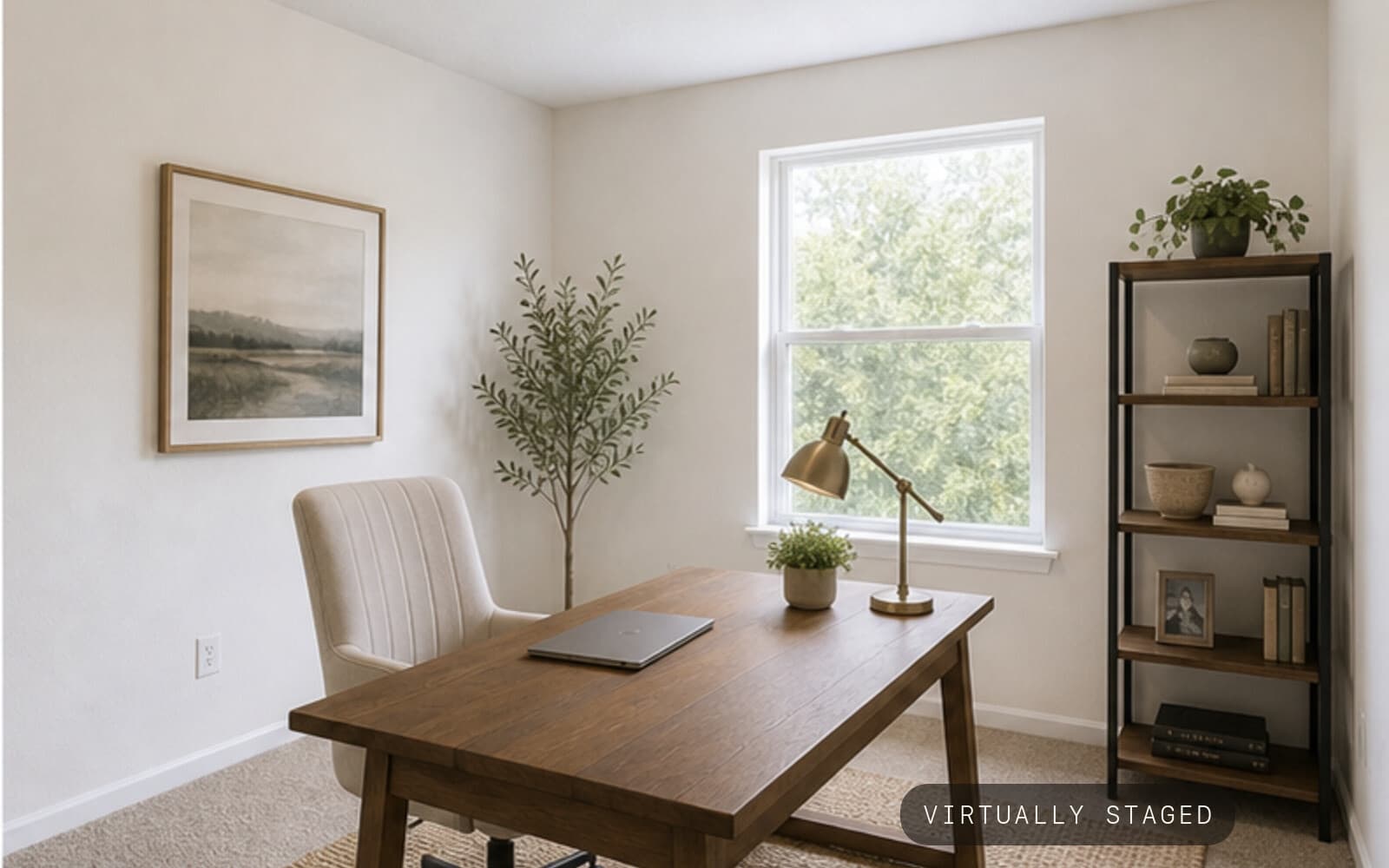 Office empty spare room -> polished office sample transformation — staged