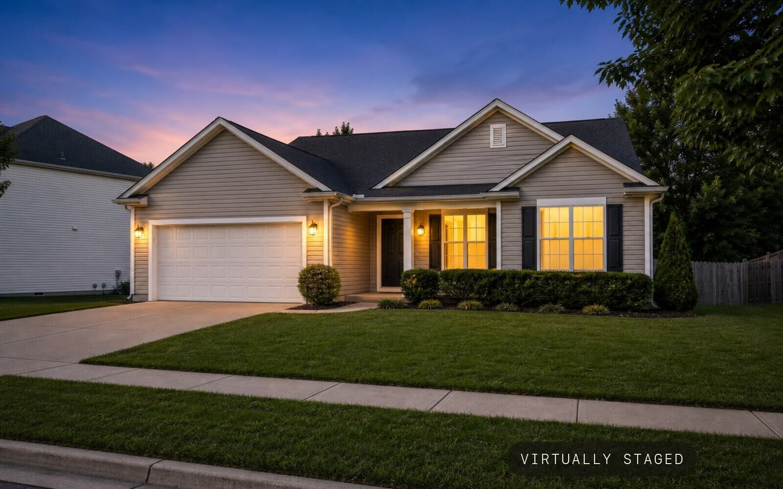 Exterior Twilight daylight exterior -> twilight hero sample transformation — staged