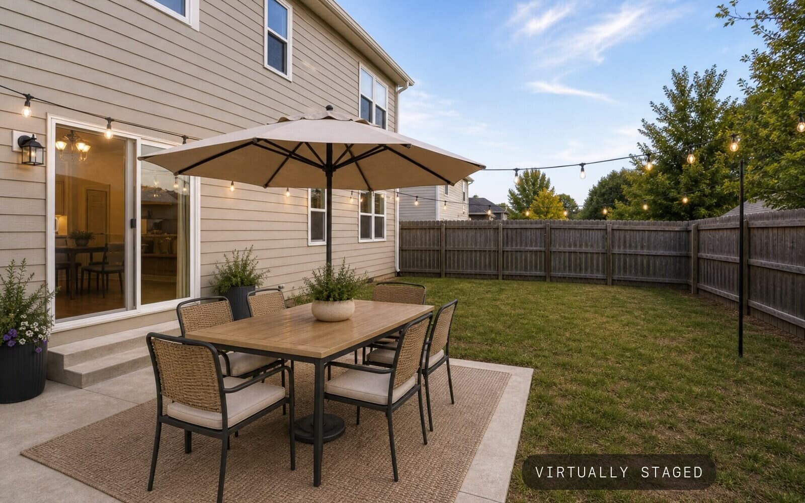 Backyard bare backyard -> entertaining-ready sample transformation — staged